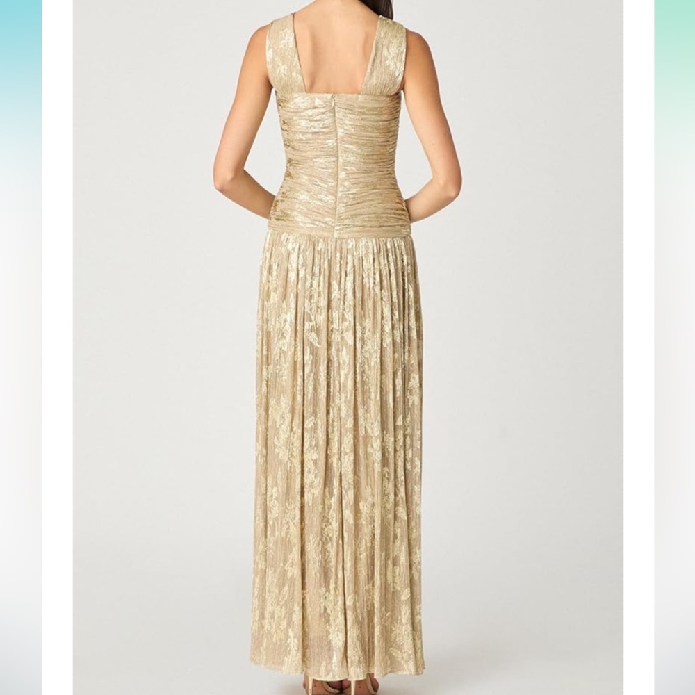 Shoshanna Women's Gold Foil Pleated Chiffon Lora Dress Size 6 - Picture 2 of 5